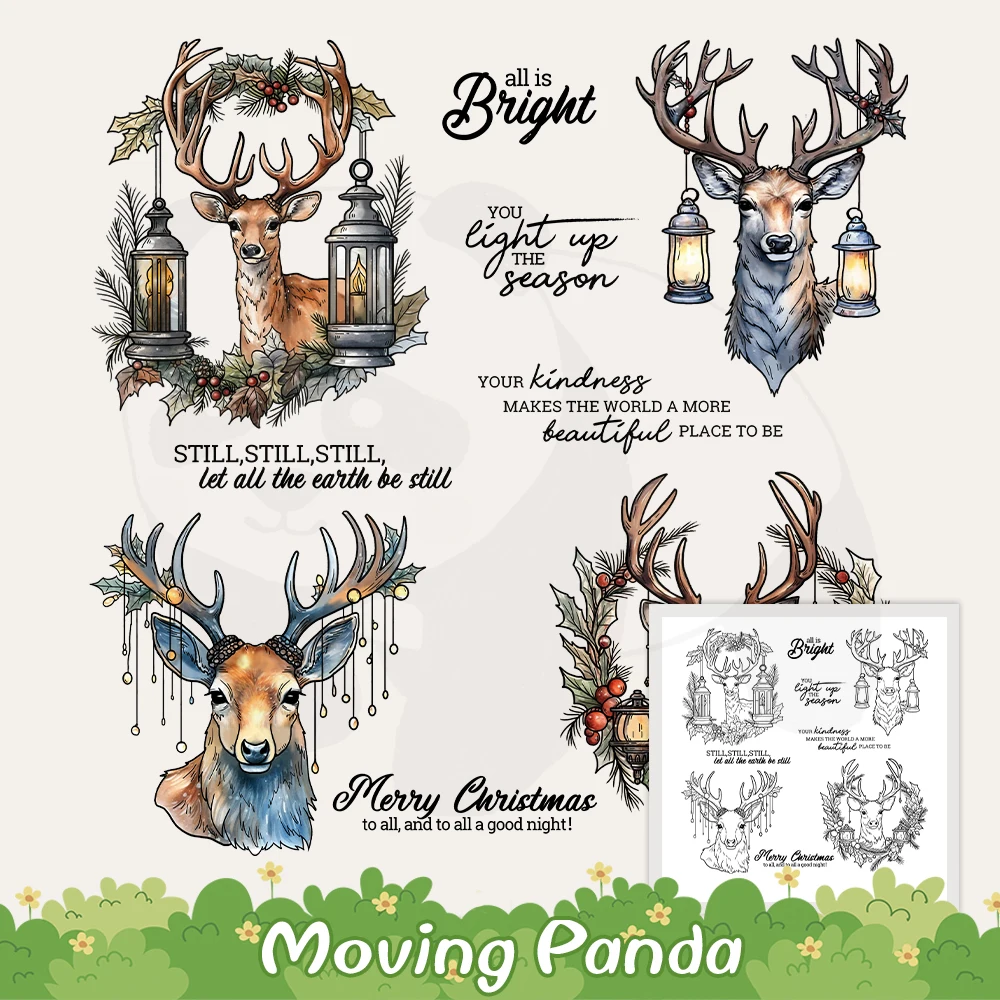 

Christmas Reindeer Head And Lamp Cutting Dies Clear Stamp DIY Scrapbooking Metal Dies Silicone Stamps For Cards Craft Xmas Decor