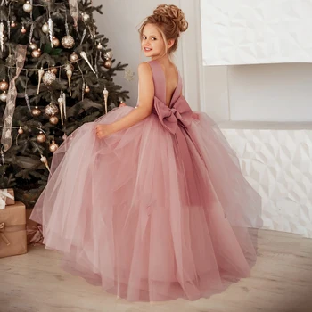 Big Bow Lace Bridesmaid Dress for Girl Christmas Costume White Wedding Party Princess Dresses First Communion Birthday Ball Gown 1