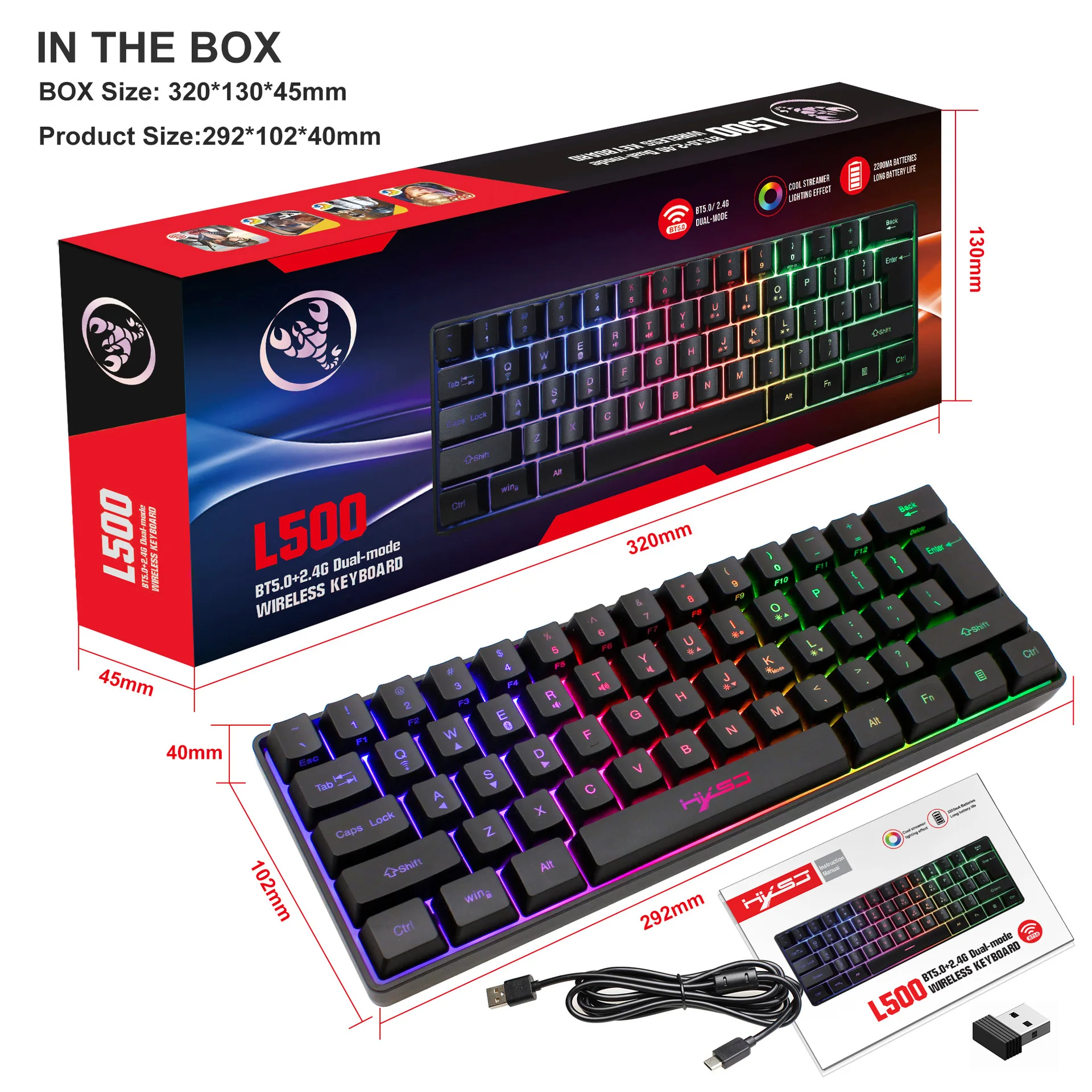 Bluetooth 5.0 2.4G Wireless Keyboard Gaming 61 Keys Rechargeable Keyboard Adjustable RGB Backlit for PC Phones Tablets Desktop pc keyboard Keyboards