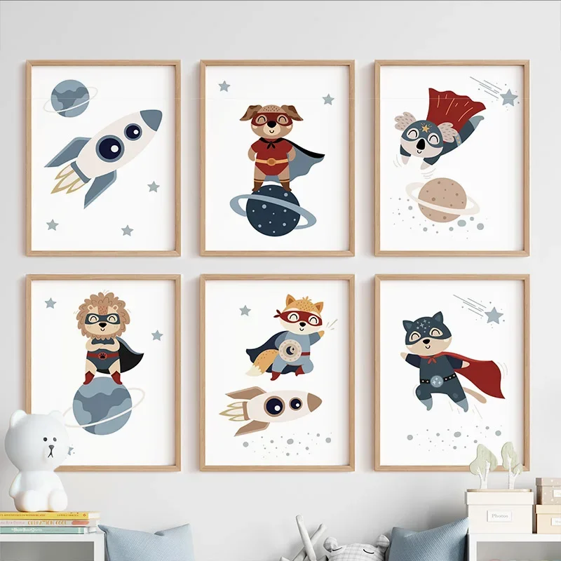 Cartoon Lion Raccoon Koala Dog Rocket Planet Space Wall Art Canvas Painting Nordic Poster Print Nursery Pictures Kids Room Decor