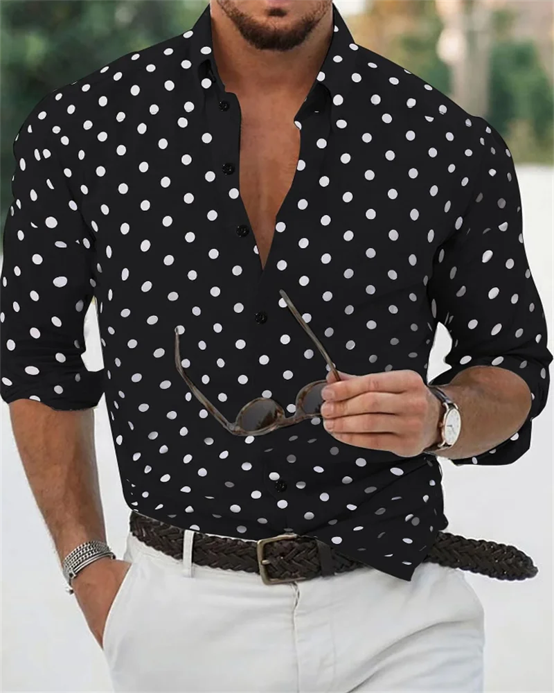 Men's Shirts Button Lapel Dots Fashion Simple Long Sleeve Shirts Casual Hawaiian Shirts Oversized Men's Clothing
