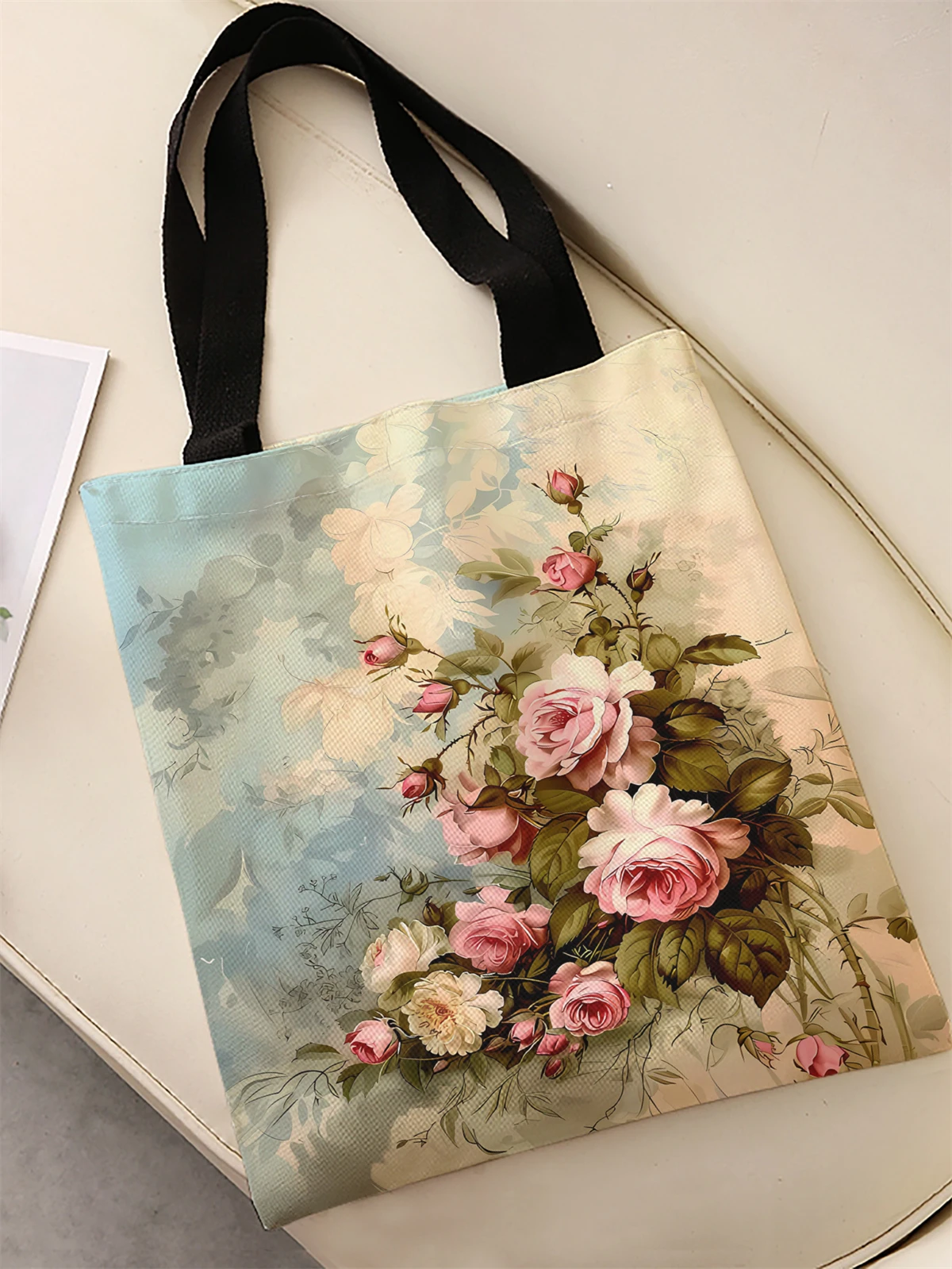 Rose pattern printed casual handbag, reusable fashionable backpack, multifunctional handbag, canvas shopping bag