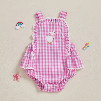 BeQeuewll Summer Baby Girl Body Salopette Dolce senza maniche Plaid Ricamo Anatra Pagliaccetto Fiocco carino Backless Vestiti appena nati