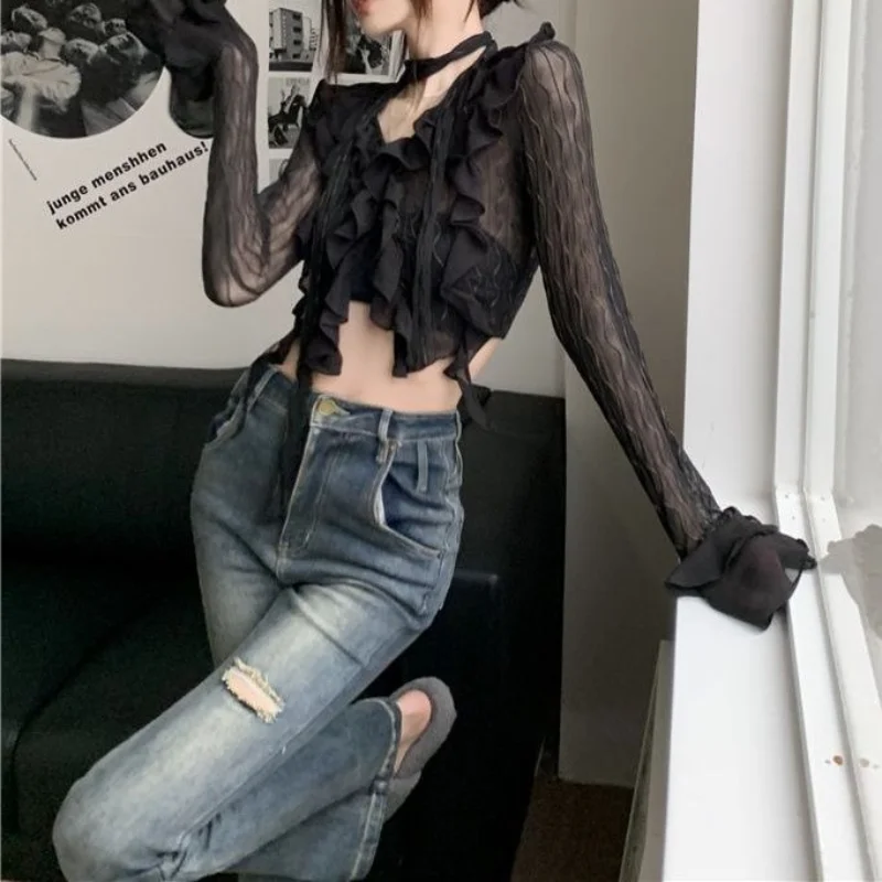 Deeptown  Grunge Y2k Women Lace Blouses Sexy Gothic Crop Top Female Shirts Elegant Black Transparent Cardigan Korean Streetwear