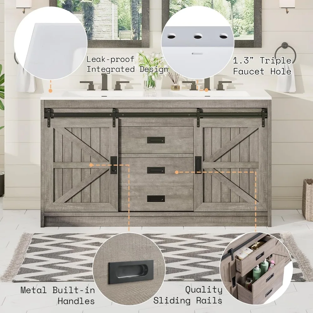 Double Bathroom Vanity with Sink, 61in Bathroom Storage Cabinet with Sliding Doors & Drawers, Dual Basin,Double Bath Vanity Sink 5