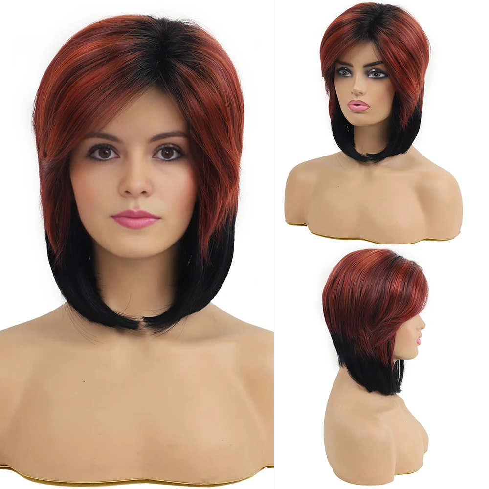 

Многослойные синтетические парики с челкой, прямые короткие блестящие красные черные парики для женщин, натуральные ежедневные парики для косплея