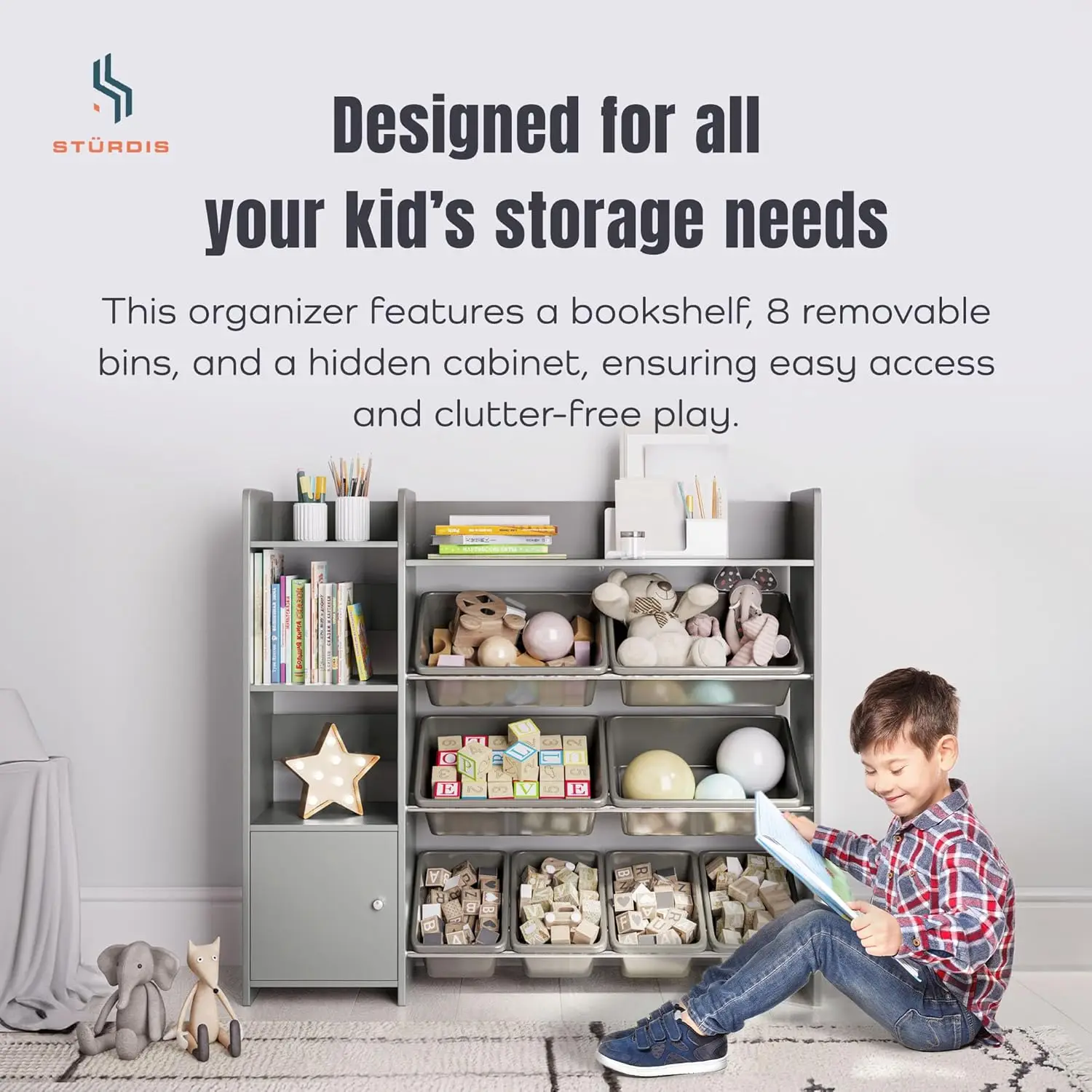 Bookshelf, Kids Playroom Organization Shelving Unit with Removable Storage Bins & Safety Anti-Tip 3