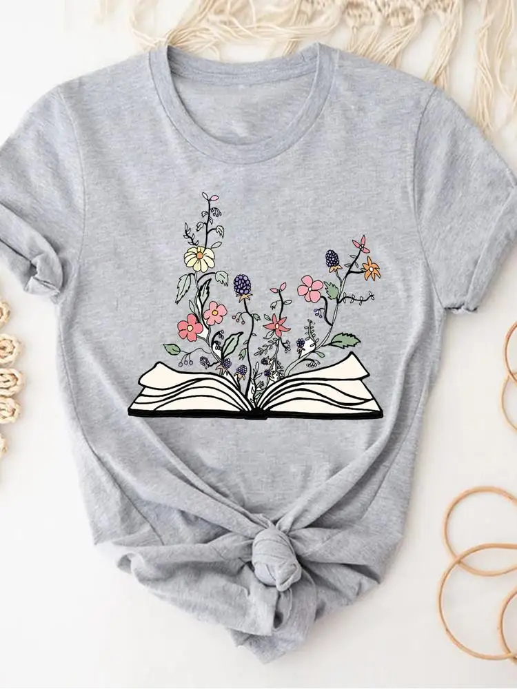 Women Clothing Print Gray T Shirt Short Sleeve Summer Top Plant Flower Trend Fashion Clothes Basic Tee Graphic T-shirt