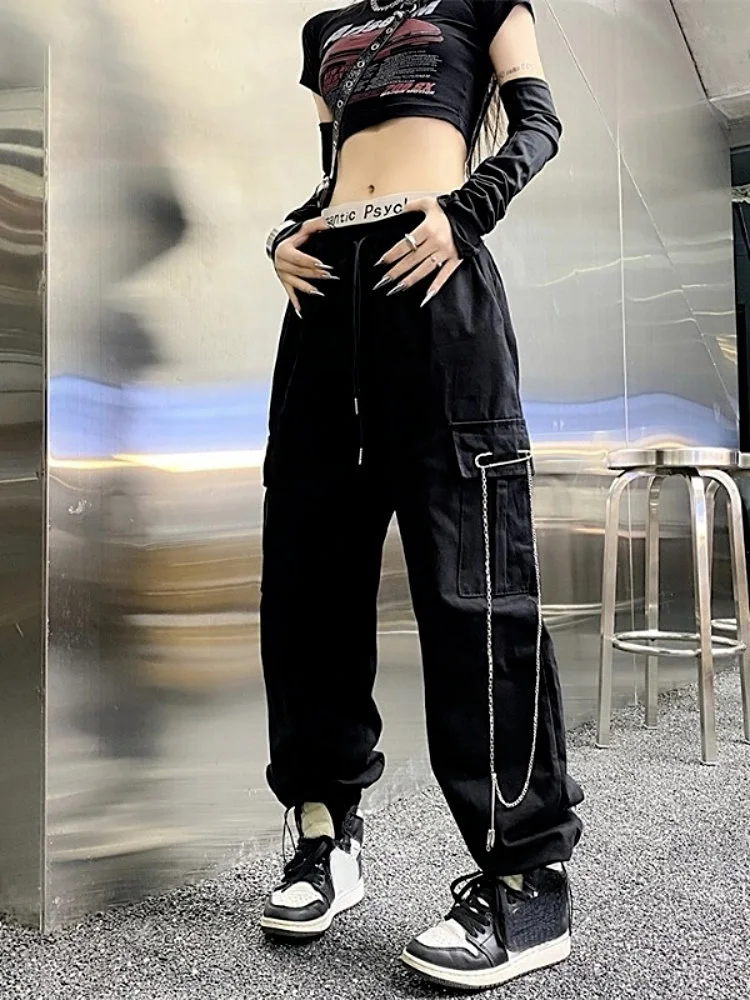 

Aesthetic Casual Cargo Women Pants Korean Fashion All Match Vintage Trousers High Waist Loose Spring Chain Patchwork Pantalons