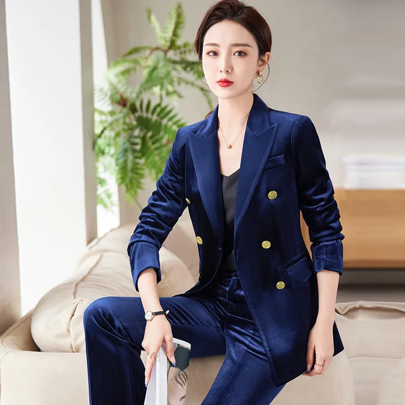 High Quality Fabric Velvet Formal Professional Women Business Suits with Pants and Jackets Coat Work Wear Blazers Set Pantsuits