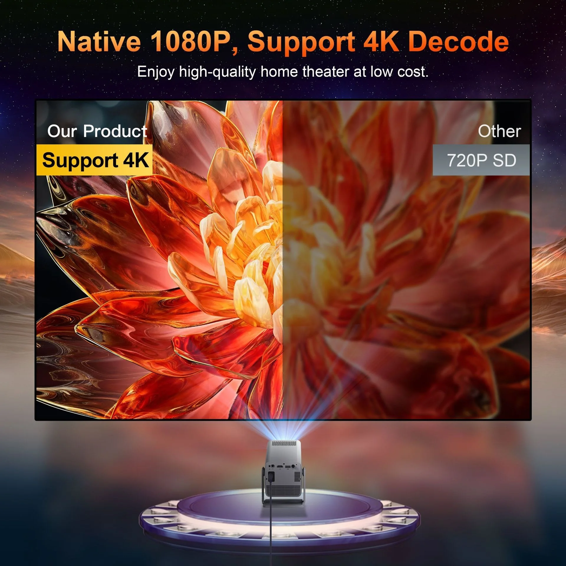 XNANO 네이티브 1080p 프로젝터 (안드로이드 13, Wi-Fi 6, BT 5.2, 자동 초점, 키스톤 보정, MEMC, 4K 지원, 음성 리모컨 탑재)