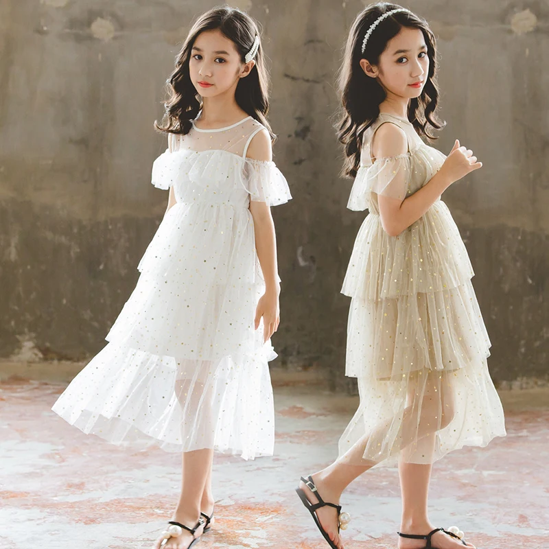 

Summer Kids Girls Wedding Ball Gown Birthday Party Evening Communion Dresses Children Clothing Fashion Mesh Long Dresses Q12