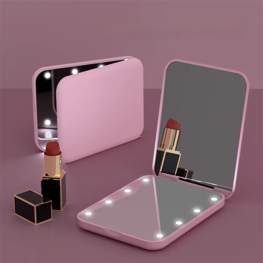 Fashion Square Makeup Mirror 2-Sided Handheld Cosmetics Mirror Folding with LED Lights Compact Pocket Mirror Makeup Tool