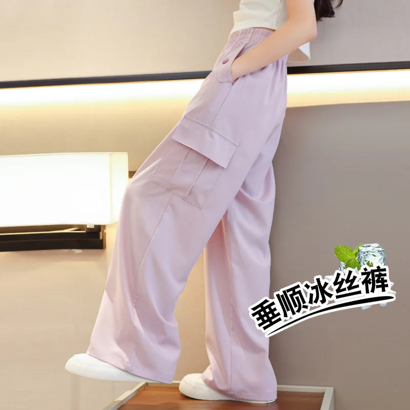 Girls' wide-leg pants, children's pants, ice silk overalls, 2024 new anti-mosquito pants, sports style clothing to wear outside