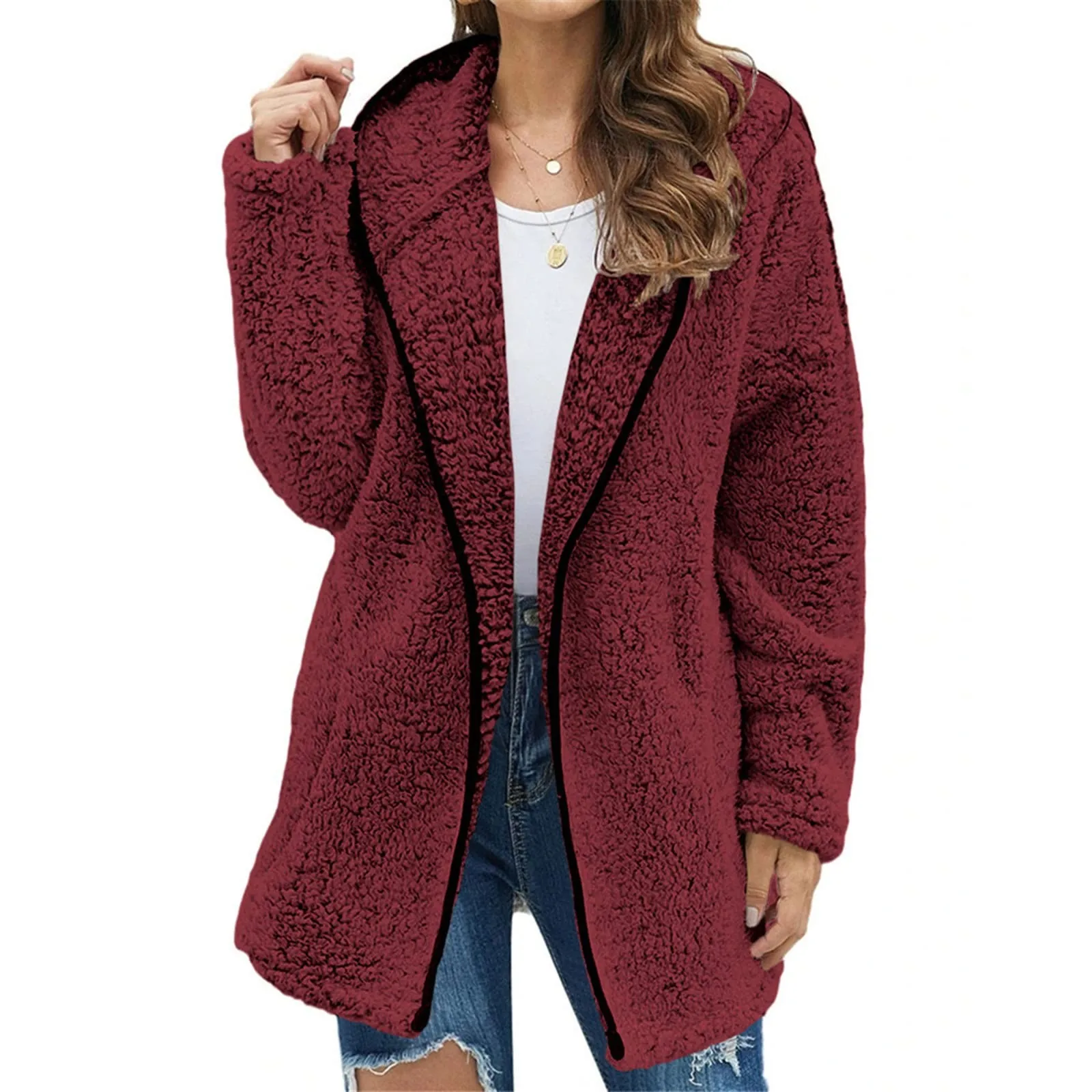 Autumn And Winter Women's Plush Button Lapels Pocket Coat Shirt