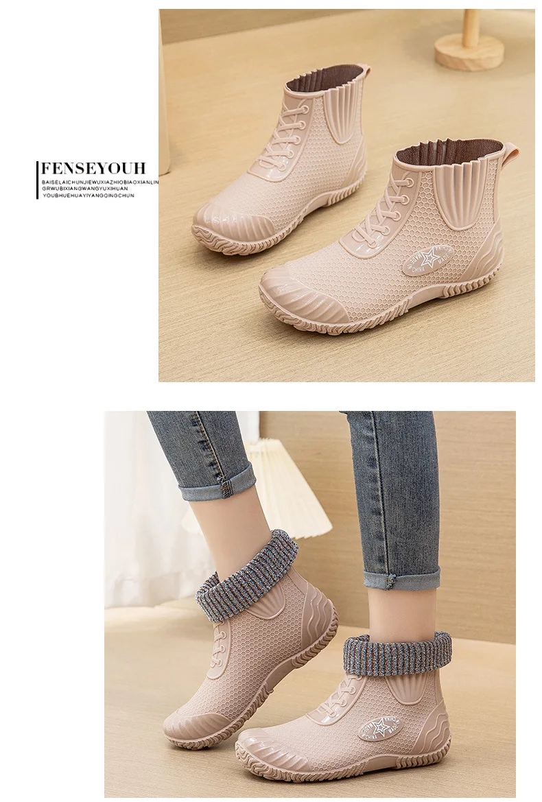 Neue Knöchel Hohe Regen Stiefel frauen Modische Rainshoes Wasserdichte Schuhe Frau Anti Skid Galoschen Damen Weiche Kurze Regen Stiefel – Detail 17