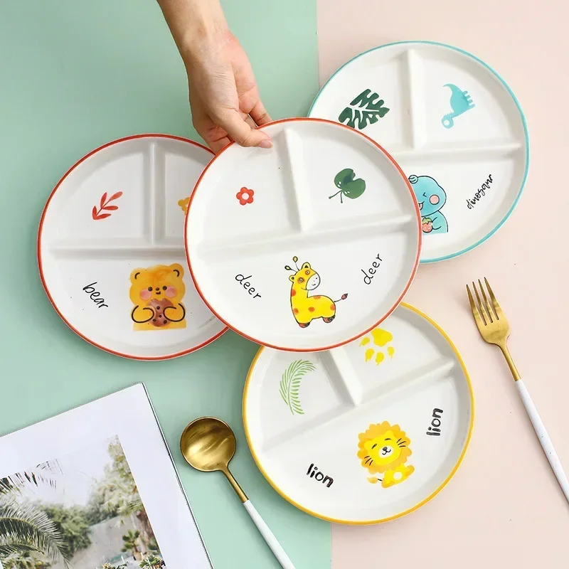 Divider Plate Ceramic Dish Serving Platter Children's Tableware Cartoon Ceramic Grid Plate One Person Breakfast Bowl
