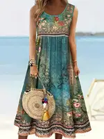 Robe Bohème Florale Sans Manches pour Femme, Imprimé Turquoise Vintage, Col Rond, Taille Haute, Coupe Évasée, Longueur Midi 5