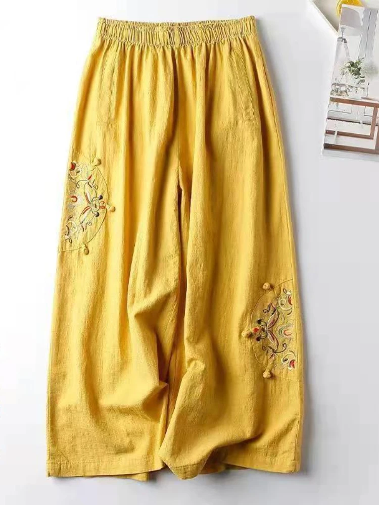 

New Summer Women's Fashion Cotton and Linen Thin Pants Retro Ethnic Embroidery Loose Large Size Casual Wide Leg Nine-point Pants