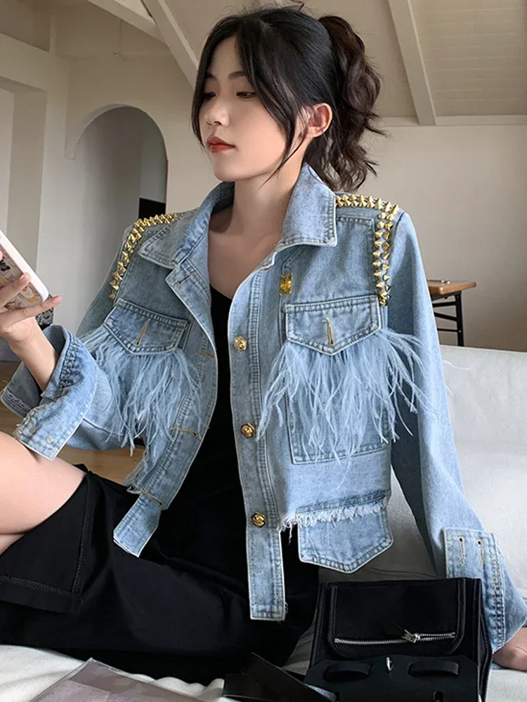 Korean Women Vintage Irregular Rivets Denim Coats Blue Long Sleeve Single Breasted Feathers Short Jean Jacket Outwear Streetwear