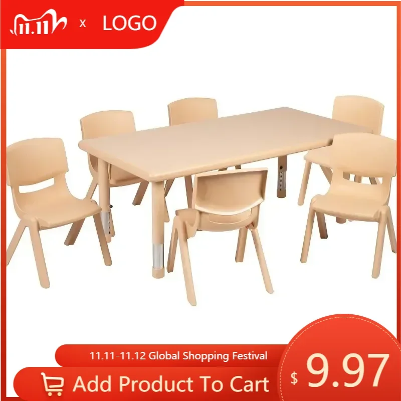Adjustable Classroom Activity Table with 6 Stackable Chairs, Rectangular Plastic Activity Table for Kids, 24" W x 48" L, Natural