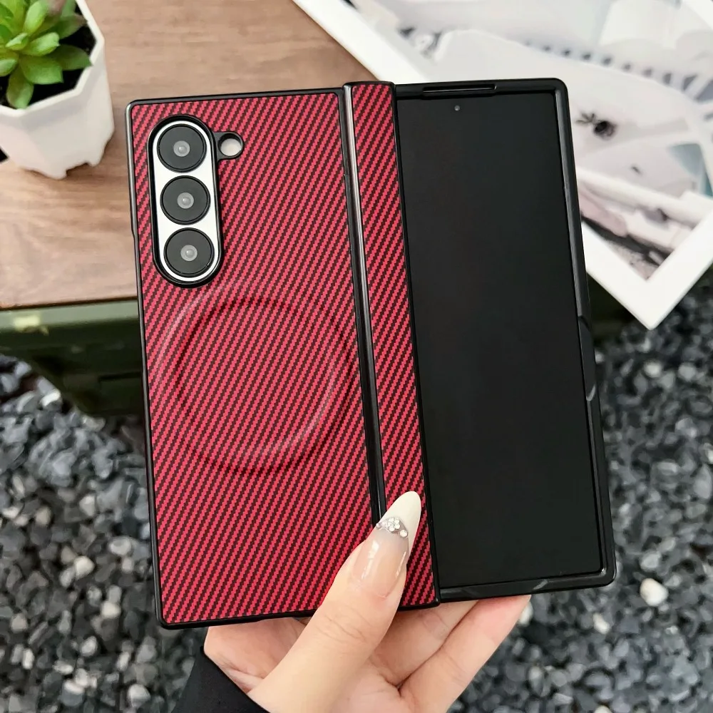 Luxury Carbon Fiber Magnetic Hinge Phone Case with Wireless Charging and Shockproof Bumper Cover