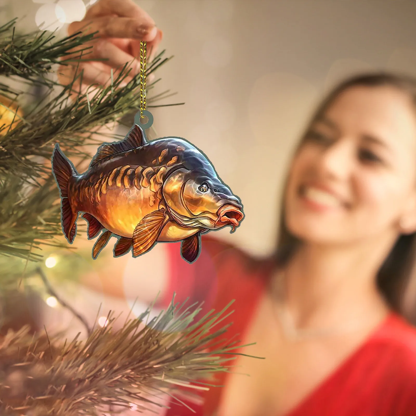 Personalized Green Bass Fish Largemouth Flat 2D Christmas Ornaments Tree Decorations Rear View Crystal Orb Ball Hanging 2 Balls