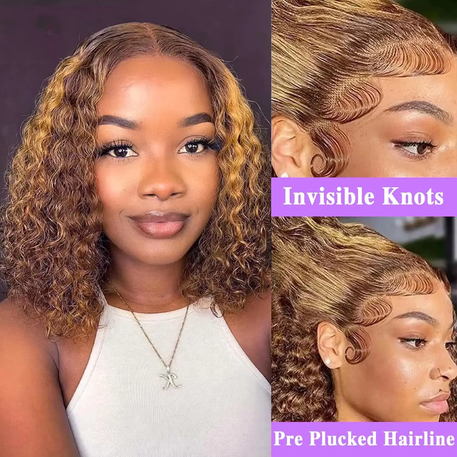 250% Density Bob Wig Human Hair Highlight Ombre 13x4 lace Front Wig Human Hair  Pre Plucked with Baby Hair for Black Women