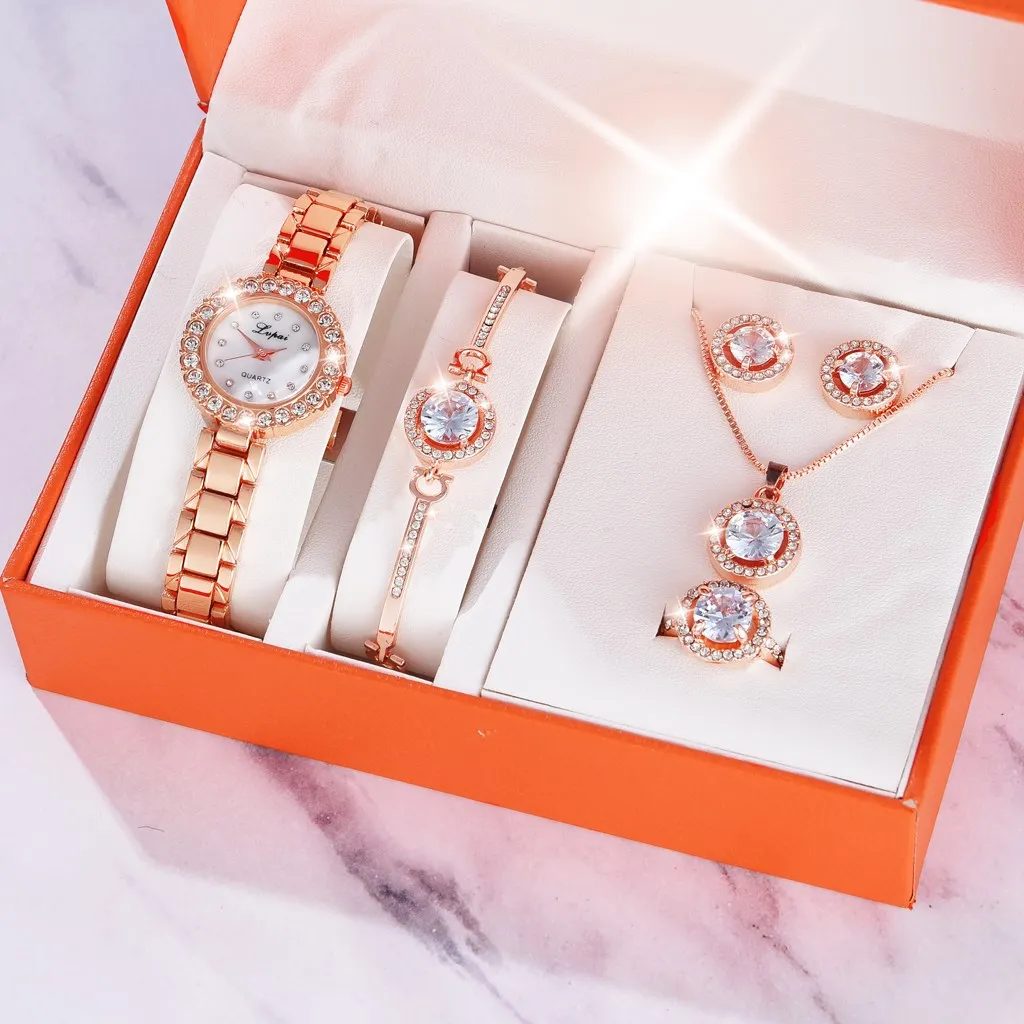 

New Luxury Ladies Watch 6pcs Set Bracelet Necklace Earrings Rings Round Watch Full Diamond Women Watch Fashion Crystal Quartz