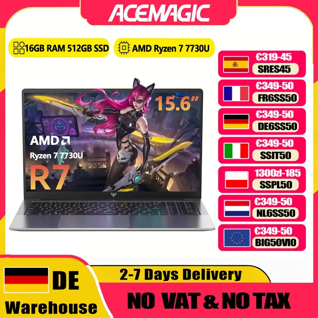 ACEMAGIC ordinateur portable AMD Ryzen 7 7730U Windows ordinateur portable 15,6 pouces IPS 16GB DDR4 512GB NVMe SSD clavier numérique 1