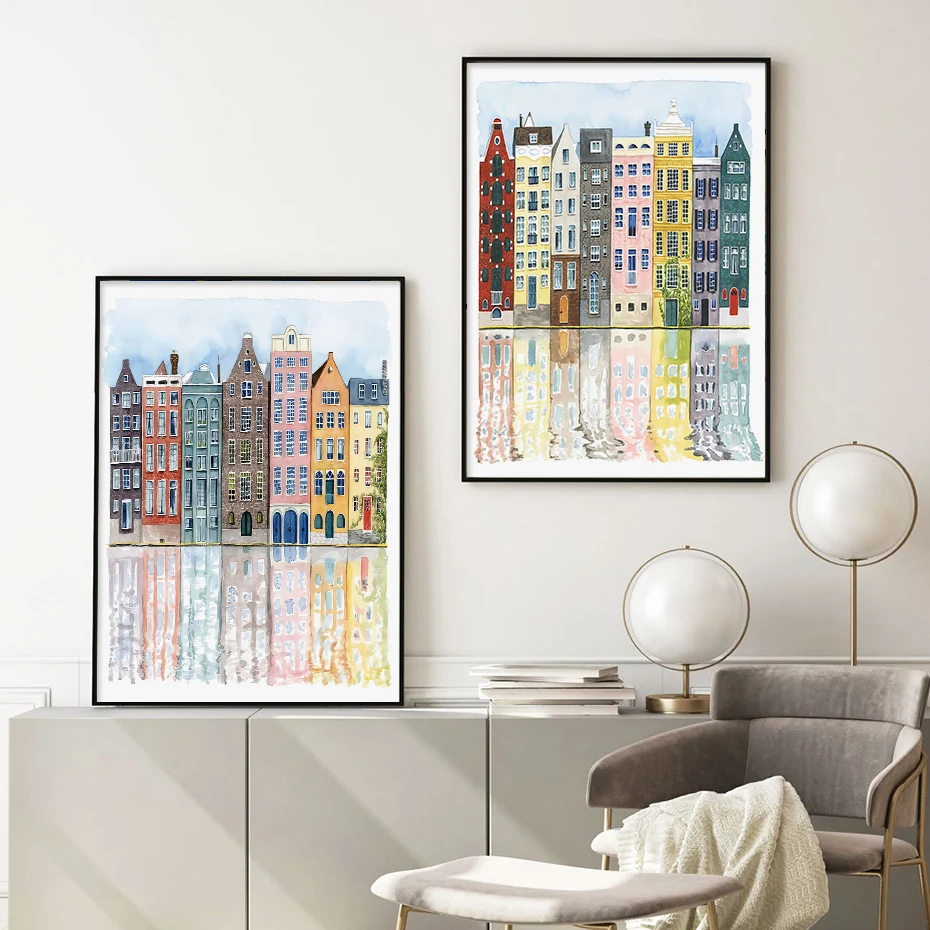

Modern Colorful Old Buildings of watercolour Canvas Art Paintings For Living Room Bedroom Posters And Prints Wall Home Decor
