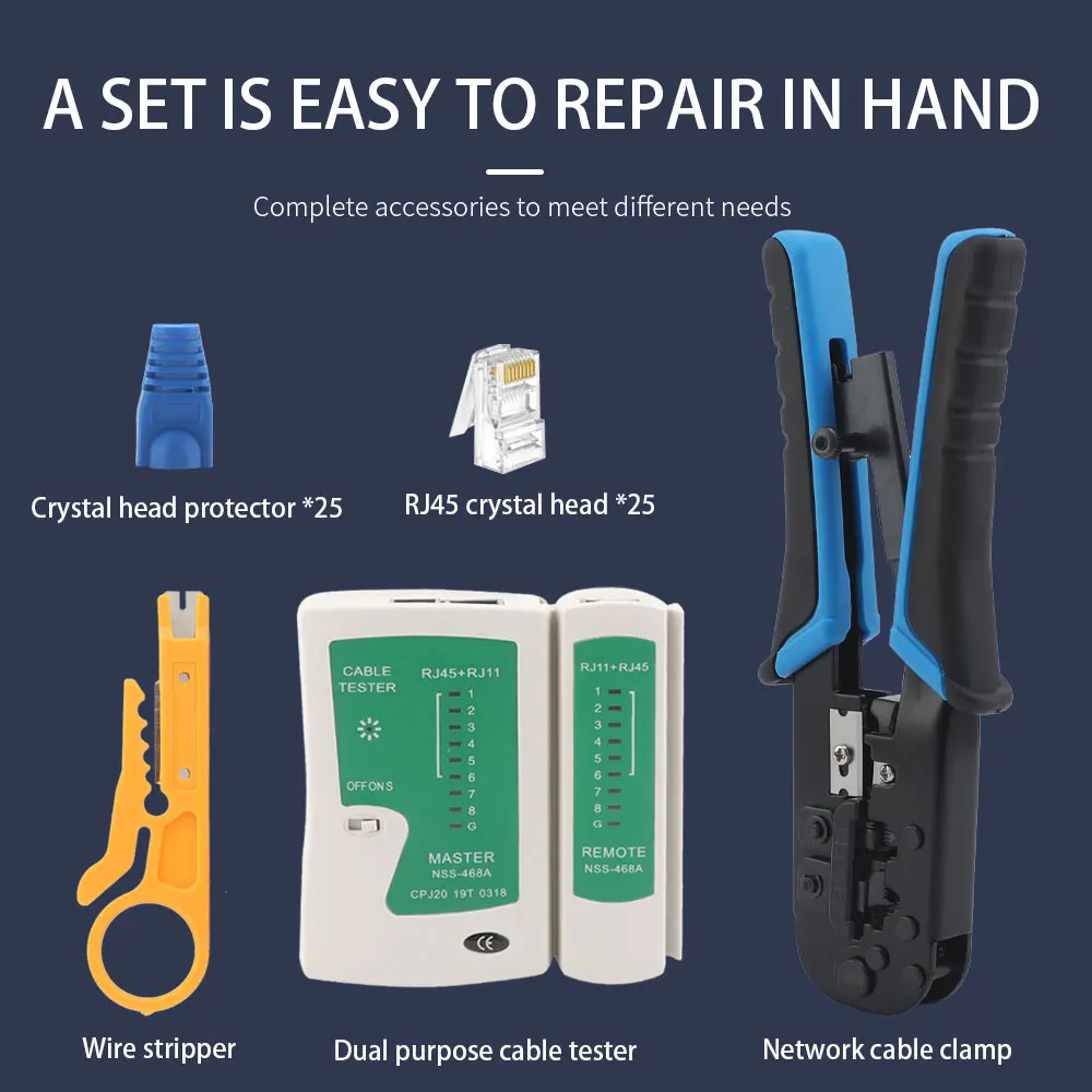 RJ45 Crimping Tool Kit Ethernet Crimp Set, RJ-11, 6P/RJ-12, 8P/RJ-45 Crimp, Cut and Strip with 20PCS CAT5 CAT5e Connectors