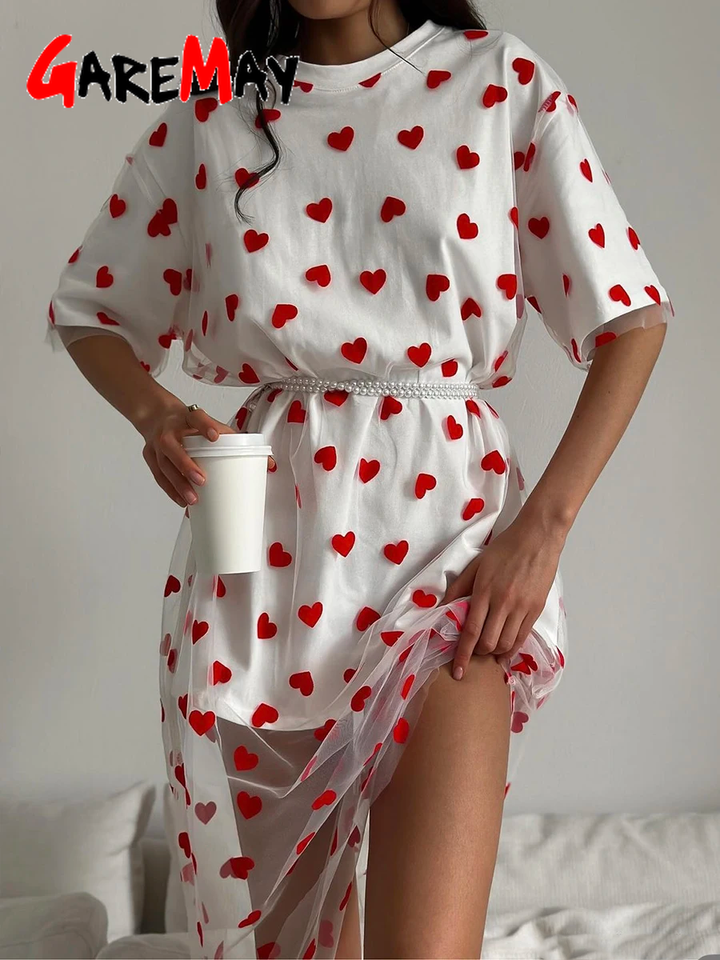 Casual Women's Oversize T-shirt with Heart 2025 Spring Summer Loose O-Neck Short Sleeve Top White Cotton T-shirt for Women