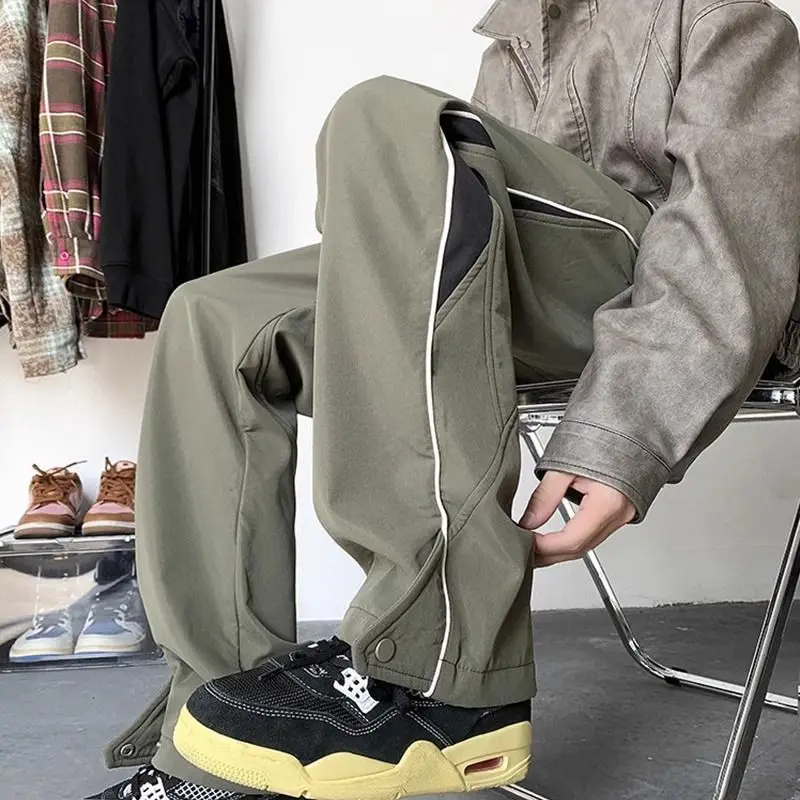 Spring Autumn Contrast Color Fashion Straight Pants Man Drawstring Pockets Patchwork Drawstring Windproof All-match Cargo Pants