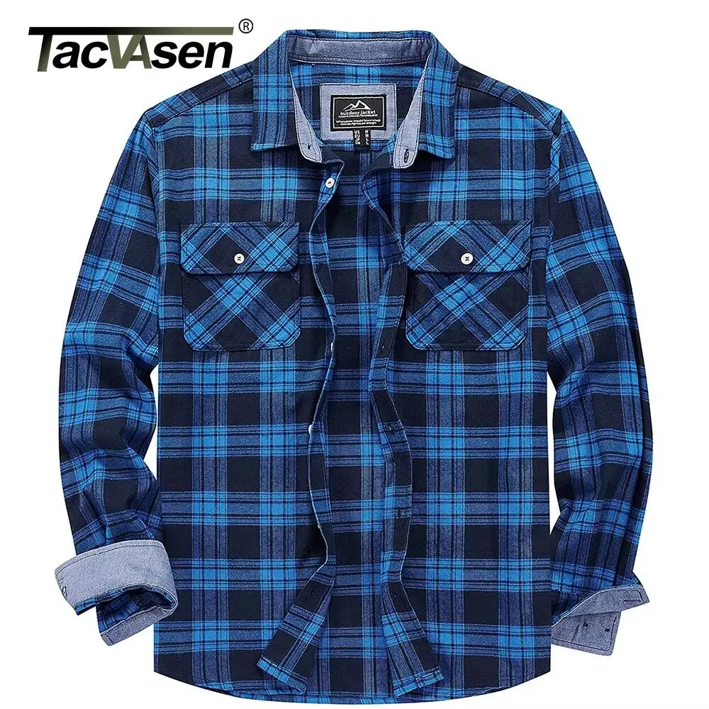 TACVASEN Oversize Casual Button Down Cotton Plaid Shirts Men Long Sleeve Flannel Shirts 2 Pockets Design Streetwear Fleece Shirt