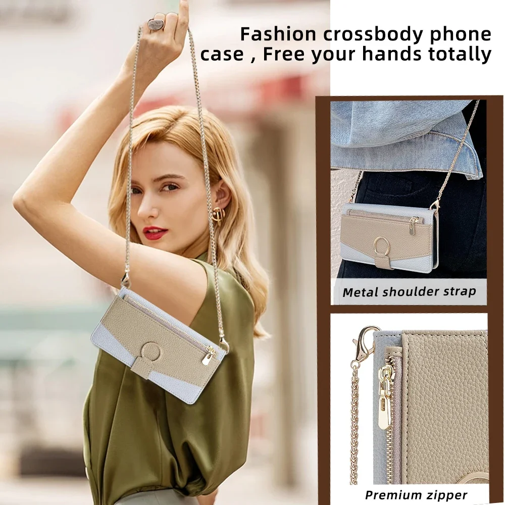 Luxurious Crossbody Leather Wallet Phone Case with Metal Chain