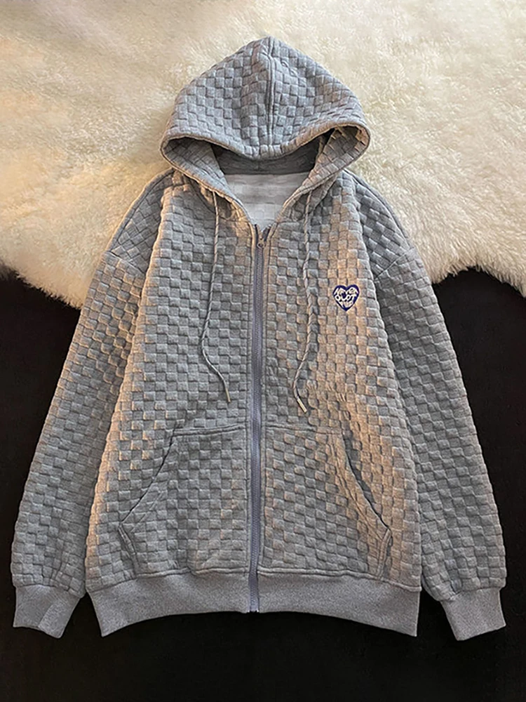 

2023 Spring Autumn New Women's Hooded Sweater Embroidery Loose Waffle Korean Style Jackets Long Sleeve Cardigan Zipper Coat