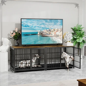 Dog Crate Furniture Pet Kennel End Table Metal Dog Kennel with Three Doors with Locks and Removable Tray, White/Black 1