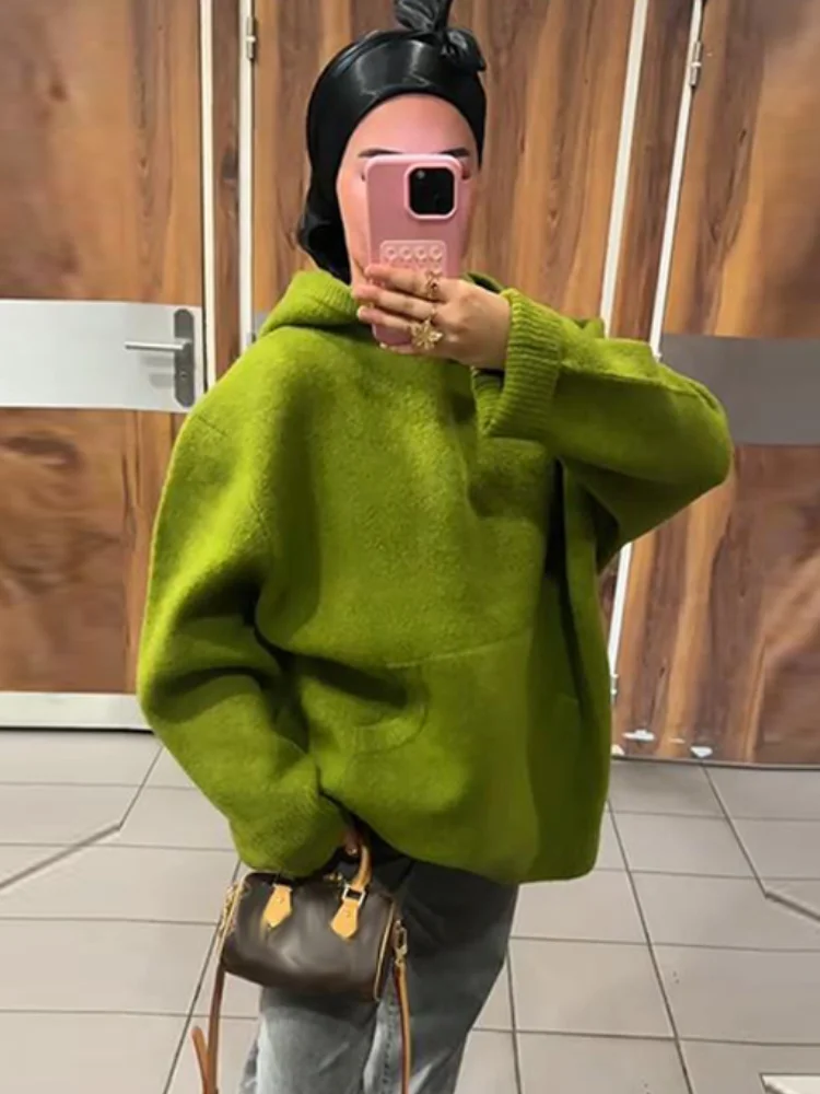 Doux solide tricot à capuche pull ample Slouchy à manches longues goutte épaule poche 2025 automne confortable femmes haut décontracté dame pull - AliExpress