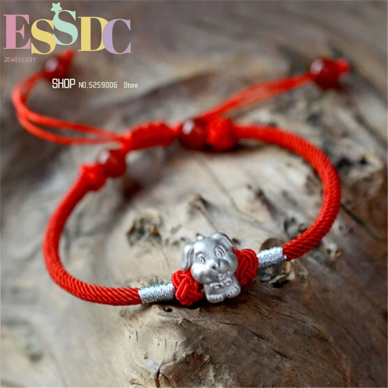 

Chinese Zodiac 999 Silver Dog Charm Bracelet Takes Luck and Wealth Knitting Rope Hand String New Year or Birthday Day Gift