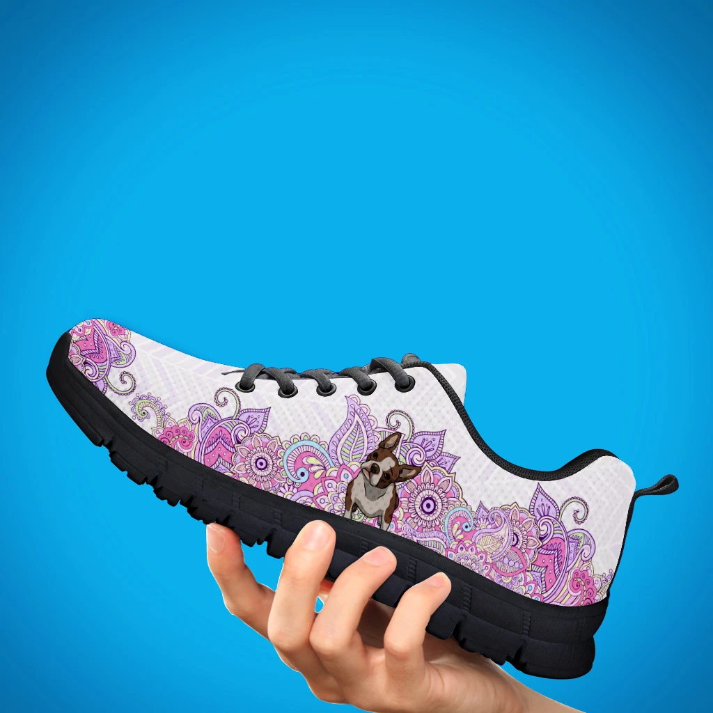 Fashion Lavender Bohemian Mandala Flower Design Boston Terrier Print Lightweight Outdoor Sneakers Lace Up Shoes