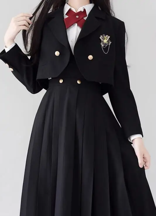 JK School Uniform Spring Blazer Suit Girls Black High-school Student Fashion Include Jacket Shirt Dress