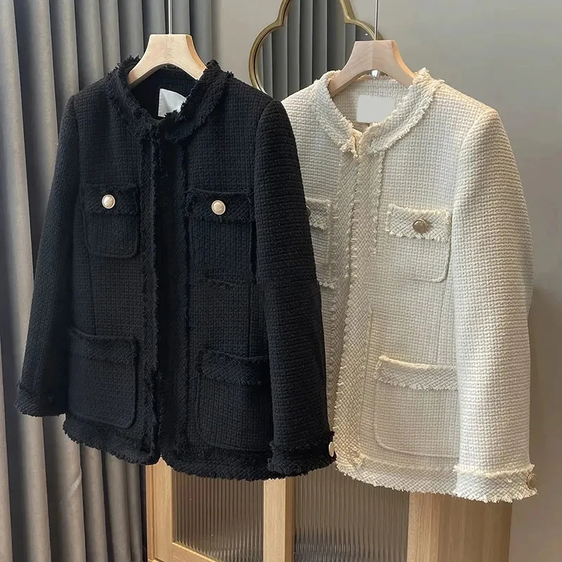 

Fashion Weave Short Jacket Women Chic O-Neck Cropped Tweed Jacket Coat Spring Autumn Korean Black Beige Elegant Outerwear 2024