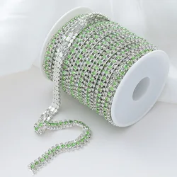 Triple - Row Crystal Rhinestone Chain with Silver Base and Glass Gems for Garment Decoration and Sewing Trim (Light Green)