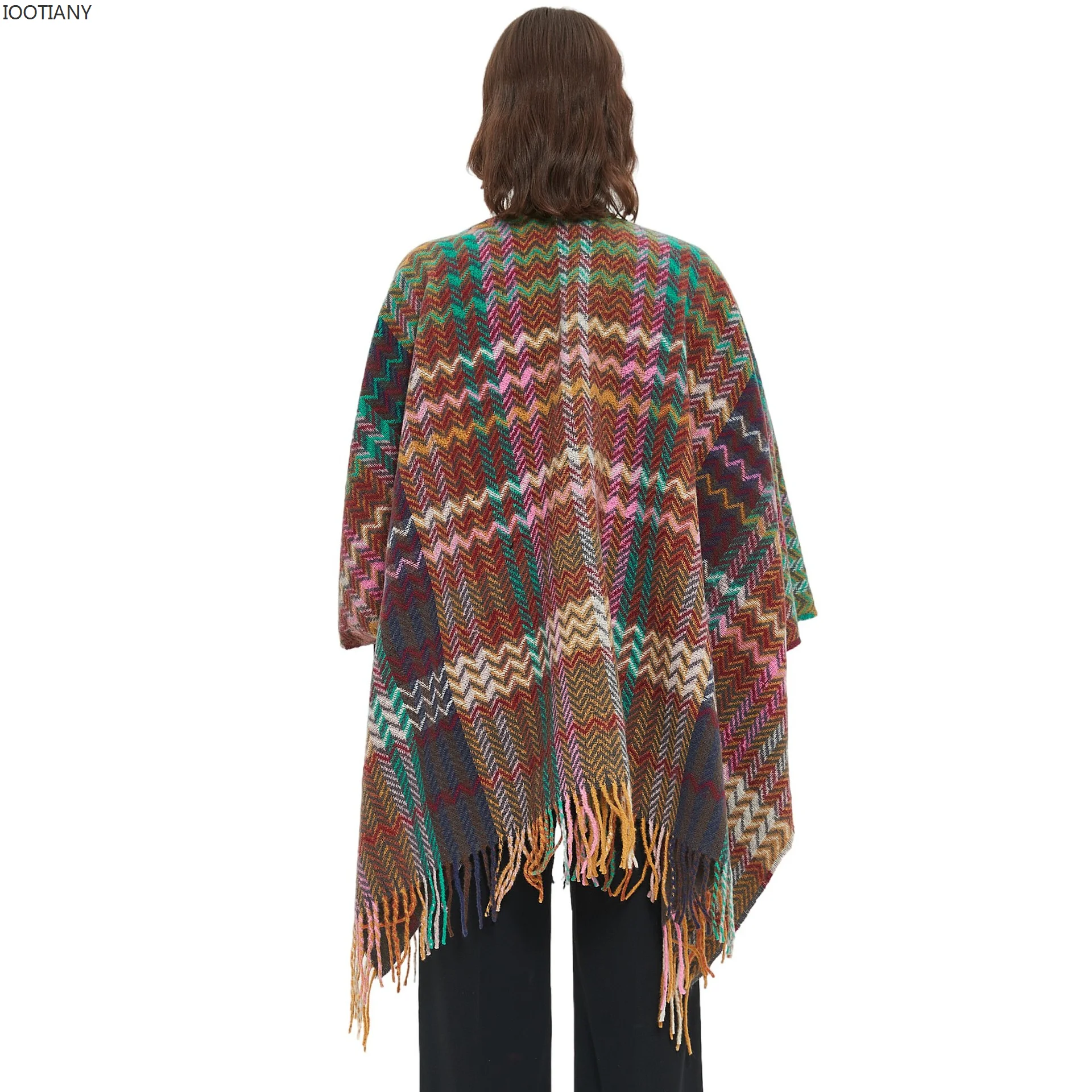 IOOTIANY New Autumn And Winter Tourism Bohemian Poncho Capes For Lady Cashmere Cloak For Women Sleeved Shawl