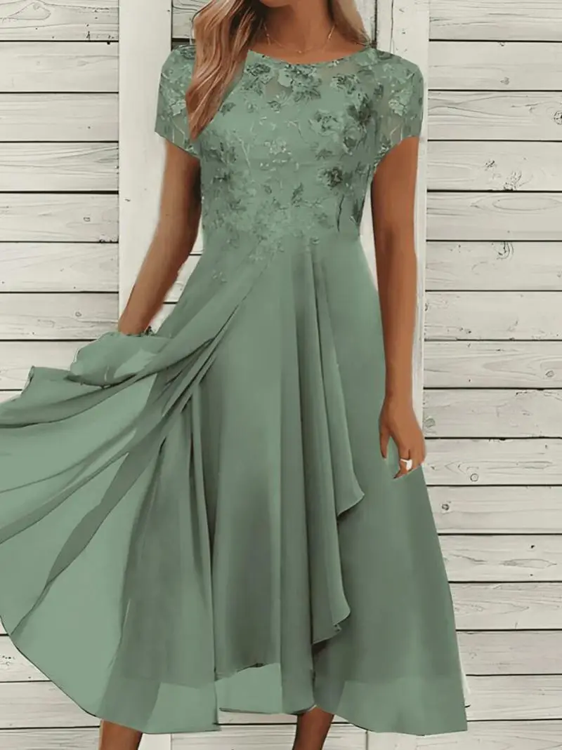 

6610 Chiffon stitching round neck lace hollow bridesmaid evening dress