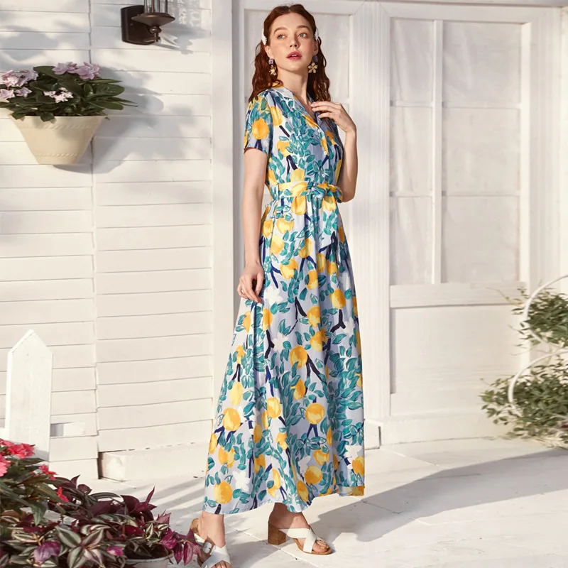 

Eid Dresses Women Print Floral Long Dress Summer Short Sleeve Muslim Abayas Turkey Middle East V Neck Casual Elegant Jalabiya