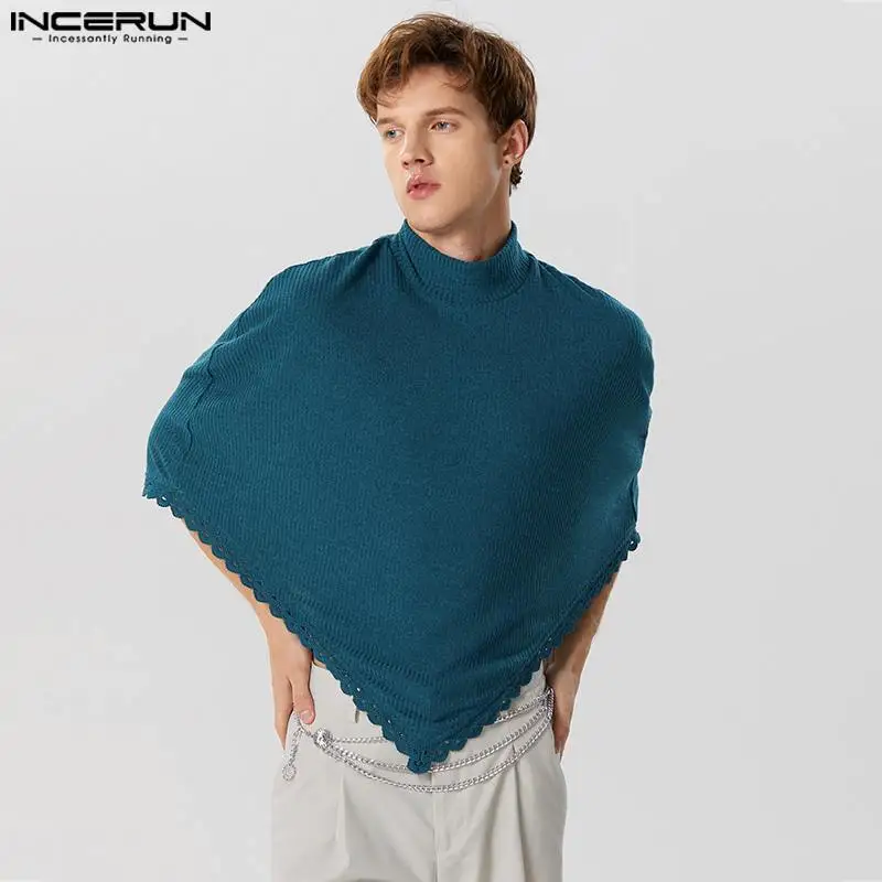 

2023 Men Irregular Sweater Knitted Solid Color Turtleneck Streetwear Male Cloak Ponchos Fashion Casual Pullovers S-5XL INCERUN
