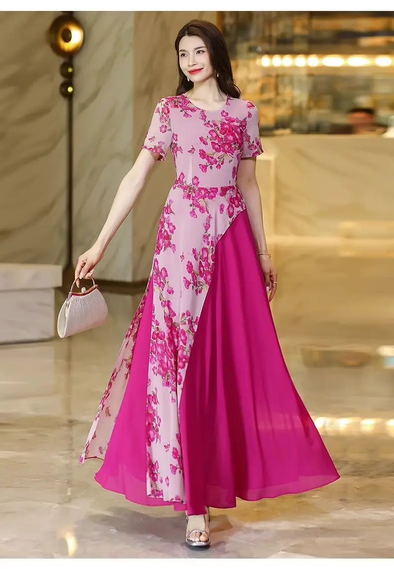 Robe longue en mousseline de soie a manches courtes super belle robe amincissante a la mode reduisant l age temperament floral jupe ete nouveau 2024