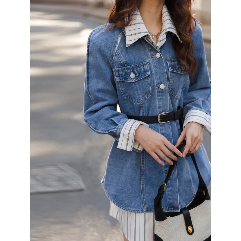 

Осень 2024, новое корейское свободное ретро платье-рубашка SuperAen с воротником с лацканами, джинсовые комплекты из двух предметов